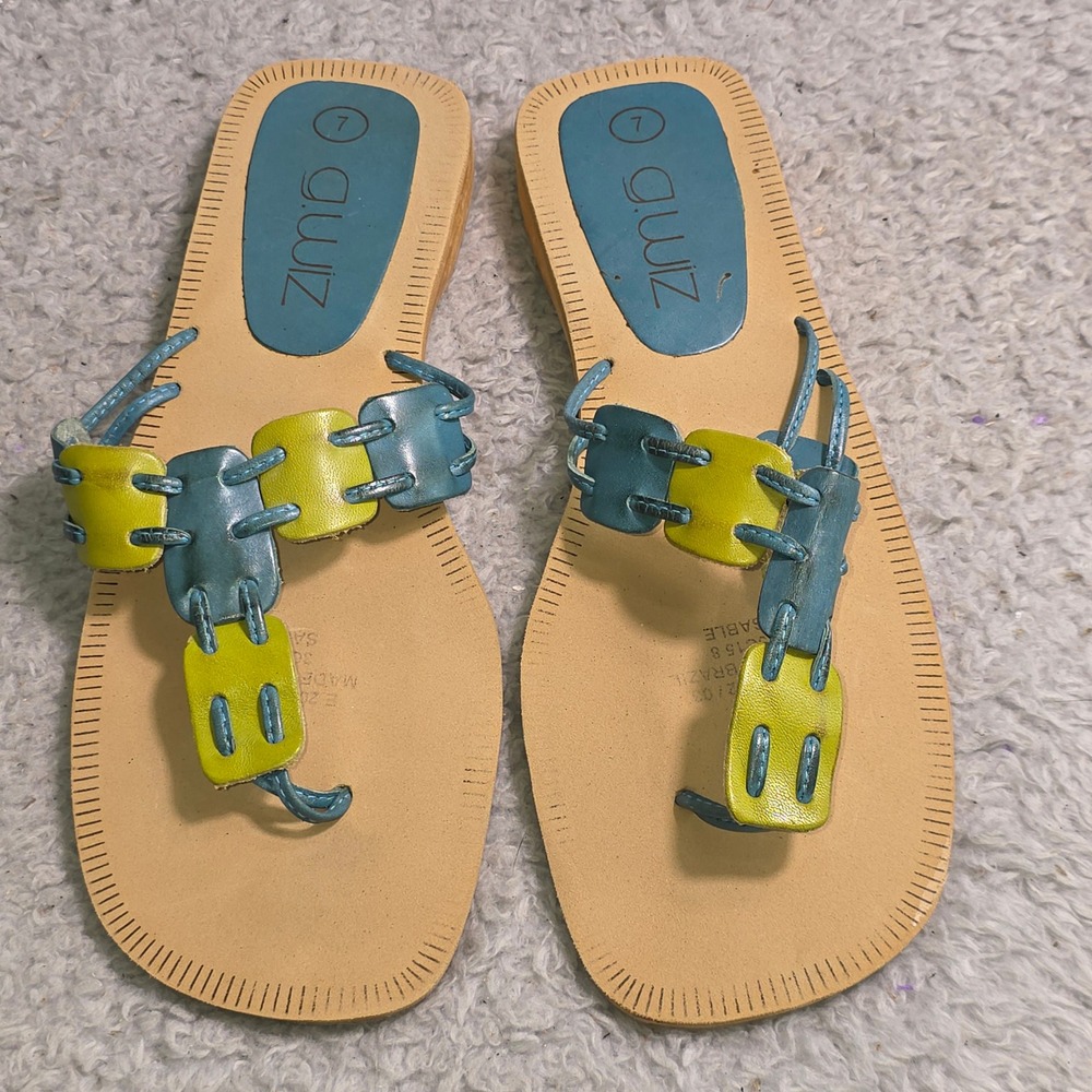 G.Wiz Thong Sandals Blue Lime Green Leather Square Toe Brazil Women 7 Excellent